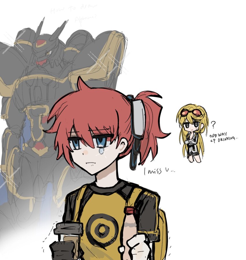 2girls, aiba_ami, alphamon, black_shirt, blue_eyes, bottle, chibi, commentary, cup, digimon, digimon_(creature), digimon_story:_cyber_sleuth, english_text, goggles, goggles_on_head, highres, holding, holding_bottle, holding_cup, knight, kuremi_kyouko, long_hair, multiple_girls, red_hair, shirt, side_ponytail, single_tear, slugrab, untranslatable_commentary, trembling, two-tone_shirt, upper_body, yellow_shirt