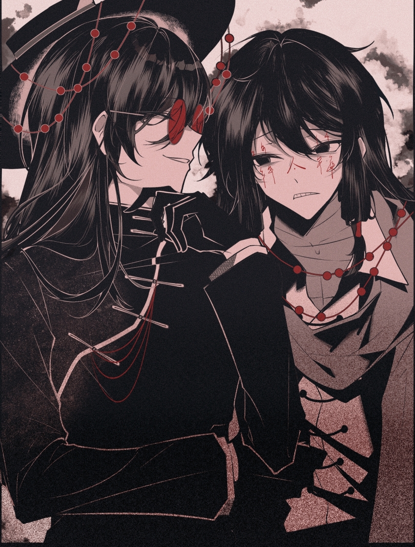 2boys, absurdres, chinese_clothes, chinese_commentary, clenched_teeth, commentary_request, equal_(xinjinjumin1523030), facepaint, film_grain, gloves, hair_between_eyes, hat, highres, huai_yunqing, long_hair, long_sleeves, male_focus, monochrome, multiple_boys, red-tinted_eyewear, round_eyewear, scarf, sidelocks, smile, spot_color, teeth, tinted_eyewear, touqi_guaitan, upper_body, ziche_fuzhao