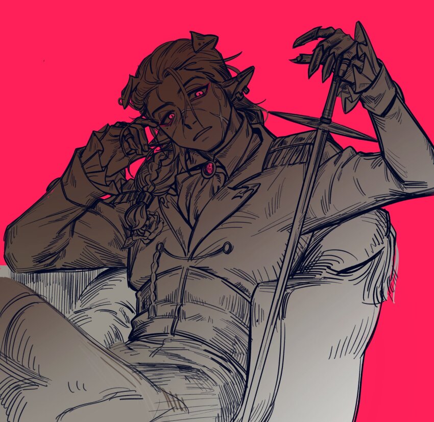 1boy, animal_ears, ascot, braid, brooch, chinese_commentary, commentary_request, corset