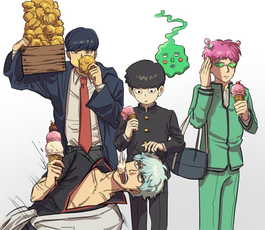 5boys, antennae, black_hair, black_shirt, bowl_cut, closed_mouth, covering_own_eyes, cream_puff