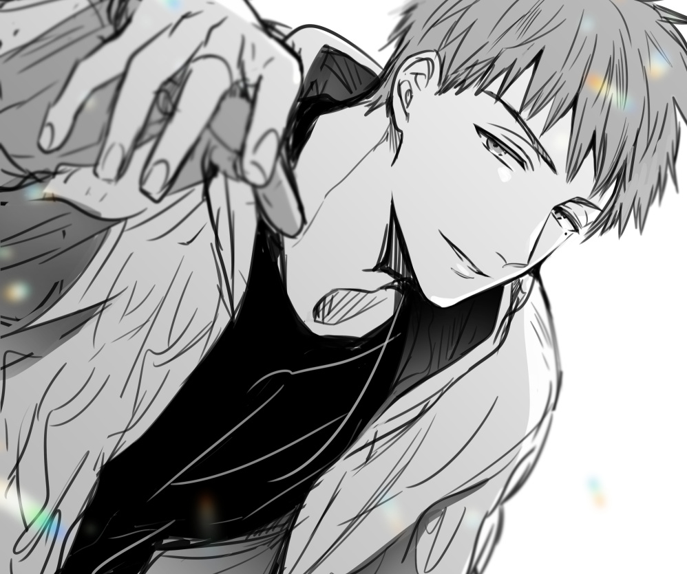 1boy, commentary_request, greyscale, izumi_yuuki_(yubinetsu), jacket, looking_at_viewer, male_focus, mole