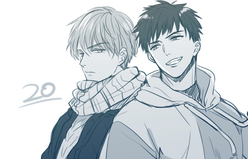 2boys, blue_theme, commentary_request, grin, hood, hoodie, izumi_yuuki_(yubinetsu), looking_at_another