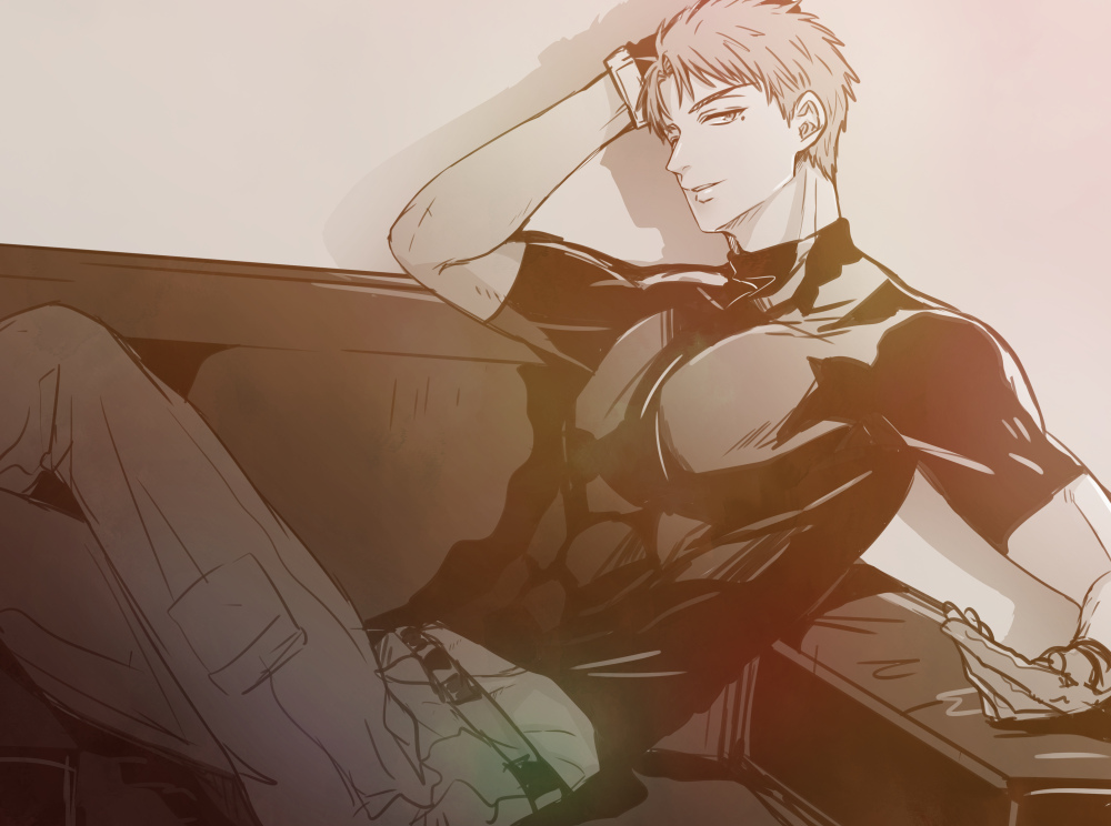 1boy, abs, brown_theme, commentary_request, couch, feet_out_of_frame, indoors, izumi_yuuki_(yubinetsu)