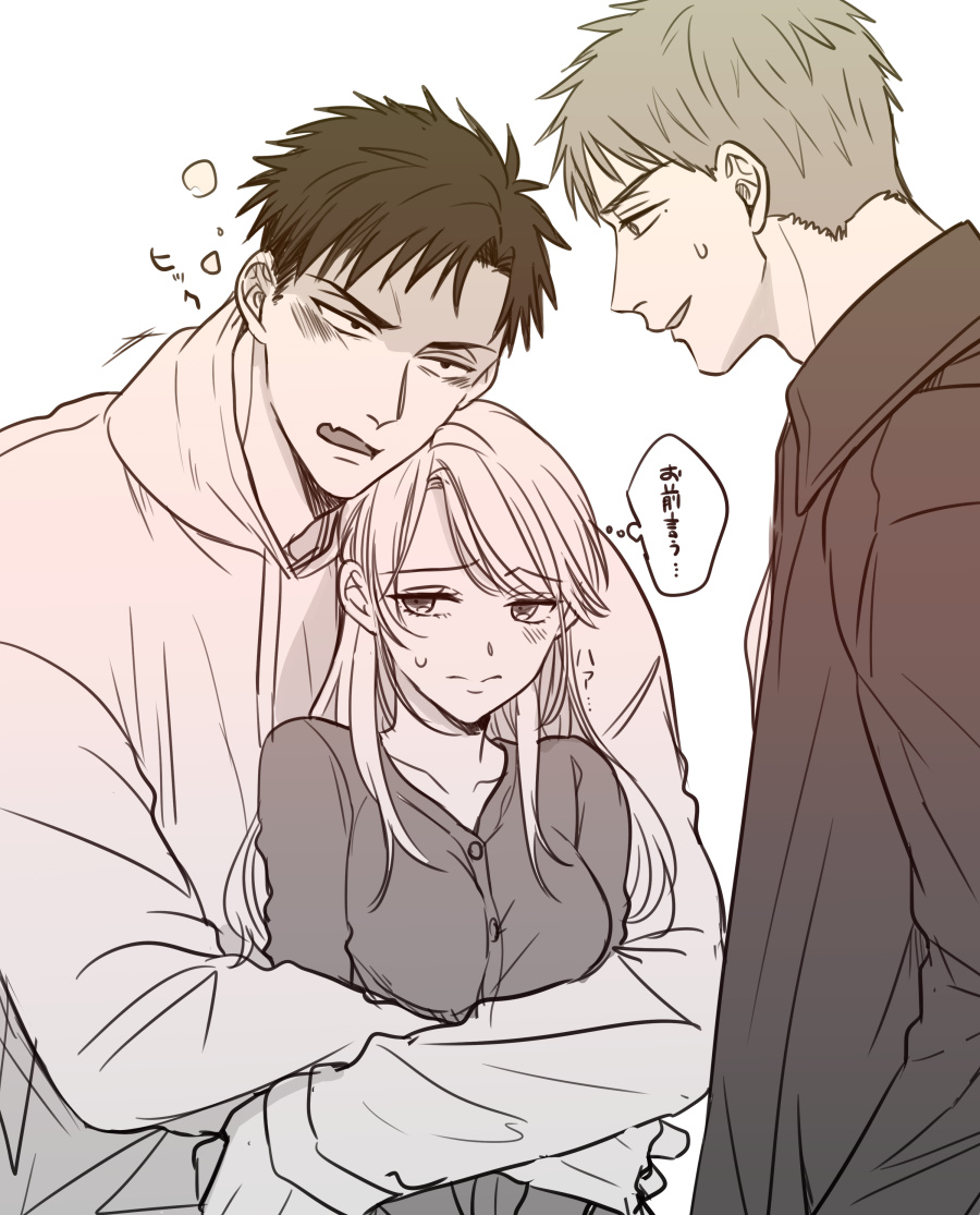 1girl, 2boys, blush, commentary_request, drunk, fujihashi_ryou, hood, hoodie