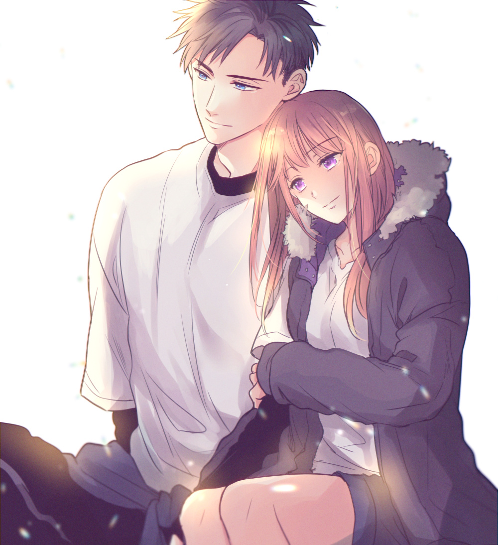 1boy, 1girl, arm_hug, black_coat, black_hair, blue_eyes, brown_hair, coat