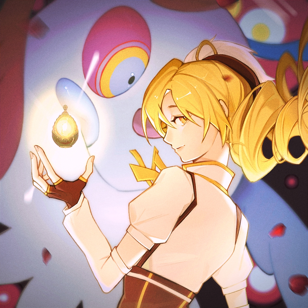 1girl, beret, blonde_hair, brown_corset, brown_gloves, brown_hat, charlotte_(madoka_magica), chinese_commentary