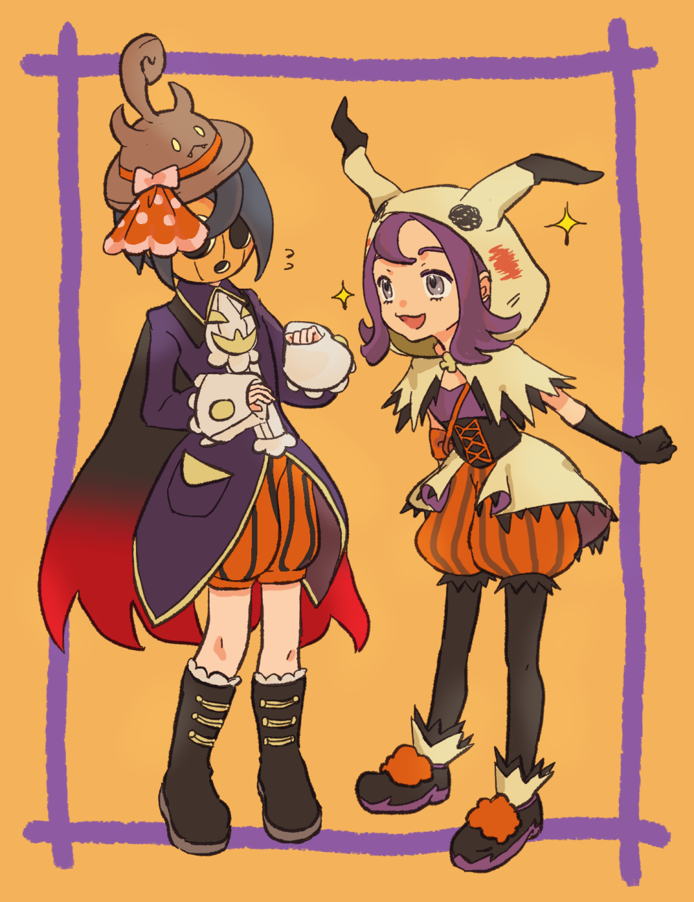1boy, 1girl, acerola_(fall_2020)_(pokemon), acerola_(pokemon), allister_(fall_2022)_(pokemon), allister_(pokemon), amajilu, black_footwear, boots, brown_hat, full_body, hat, highres, mask, nintendo, official_alternate_costume, pokemon, pokemon_masters_ex, purple_eyes, purple_hair, sleeves_past_wrists, smile, standing, yellow_background