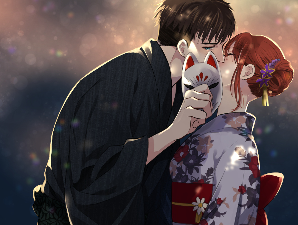 black_kimono, blue_eyes, brown_hair, commentary_request, floral_print, fox_mask, fujihashi_ryou, hair_bun