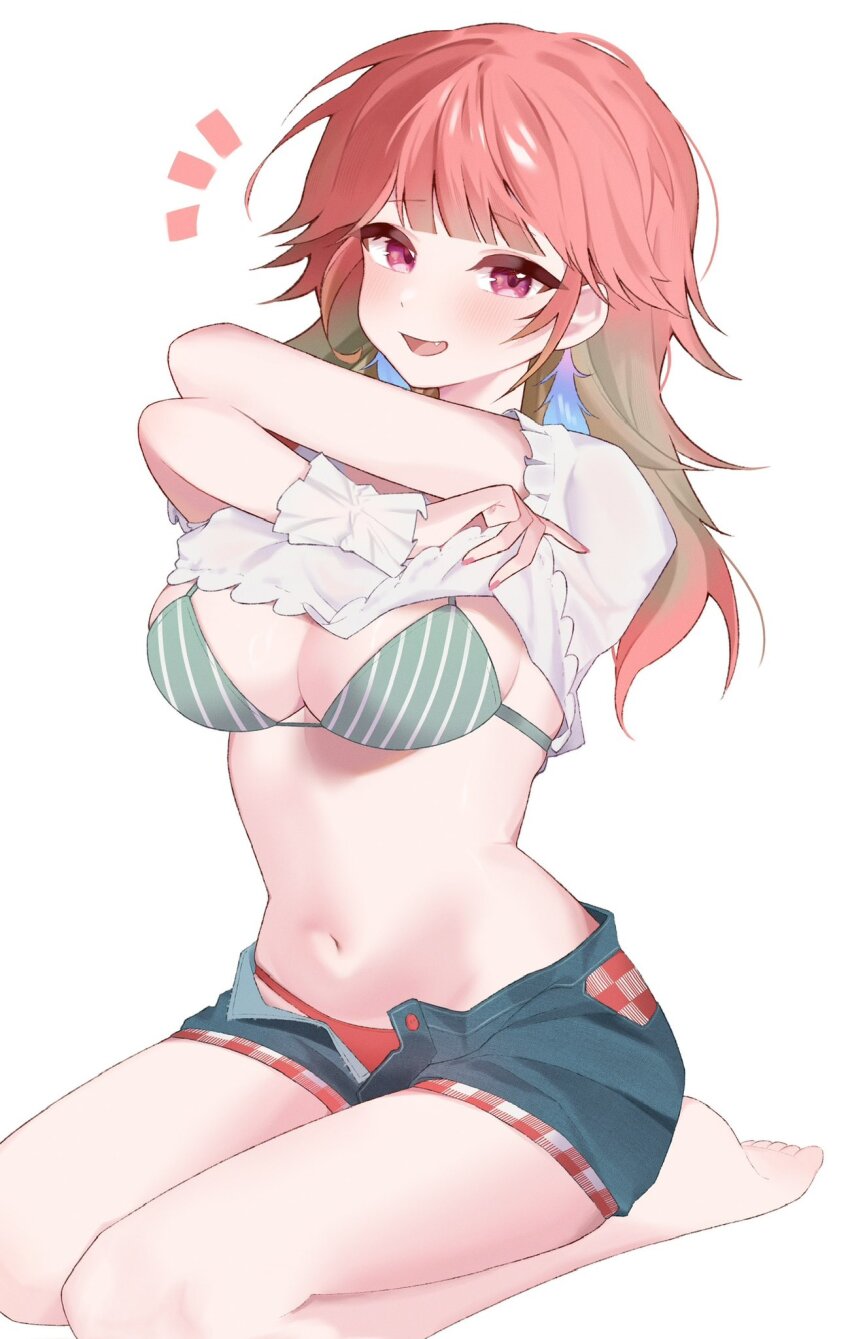 1girl, barefoot, bikini, bikini_under_clothes, breasts, commentary, diagonal-striped_bikini, diagonal-striped_clothes, frills, full_body, gingham_bikini, gingham_clothes, gingham_pants, green_bikini, hashtag-only_commentary, highres, hololive, hololive_english, large_breasts, long_hair, messy_hair, midriff, navel, notice_lines, open_fly, open_mouth, orange_bikini, purple_eyes, red_hair, seiza, shirt, short_shorts, shorts, sidelocks, simple_background, sitting, smile, striped_clothes, swept_bangs, swimsuit, takanashi_kiara, takanashi_kiara_(casual), thighs, unbuttoned, undressing, virtual_youtuber, white_background, white_shirt, white_wrist_cuffs, wrist_cuffs, yufu