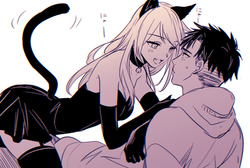 1boy, 1girl, animal_ears, cat_ears, cat_girl, cat_tail, dress, elbow_gloves