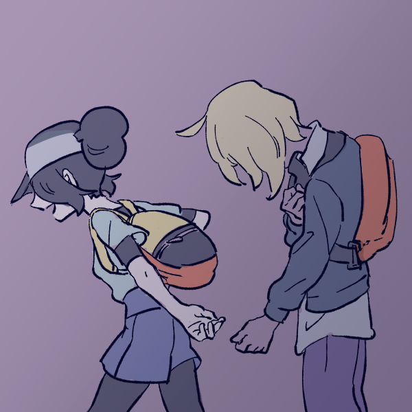 1boy, 1girl, ahoge, amajilu, backpack, bag, baseball_cap, bettie_(pokemon)
