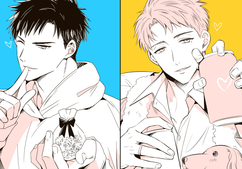 2boys, animal, blue_background, can, candy, commentary_request, dog, drink_can