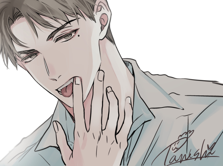 1boy, commentary_request, finger_in_own_mouth, grey_eyes, grey_hair, izumi_yuuki_(yubinetsu), looking_at_viewer, male_focus