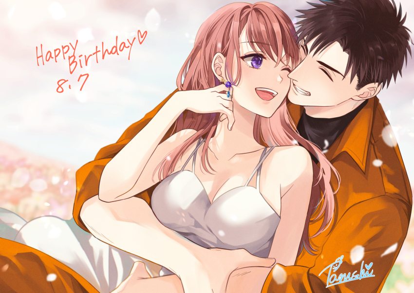 1boy, 1girl, brown_hair, closed_eyes, commentary_request, dress, field, flower