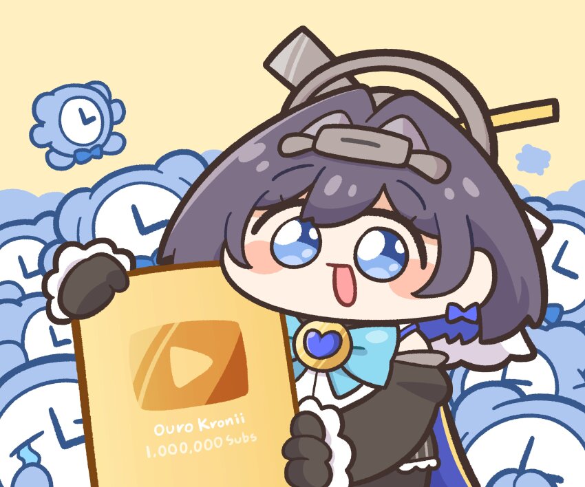 1girl, absurdres, alarm_clock, black_gloves, black_sleeves, blue_bow, blue_bowtie, blue_eyes