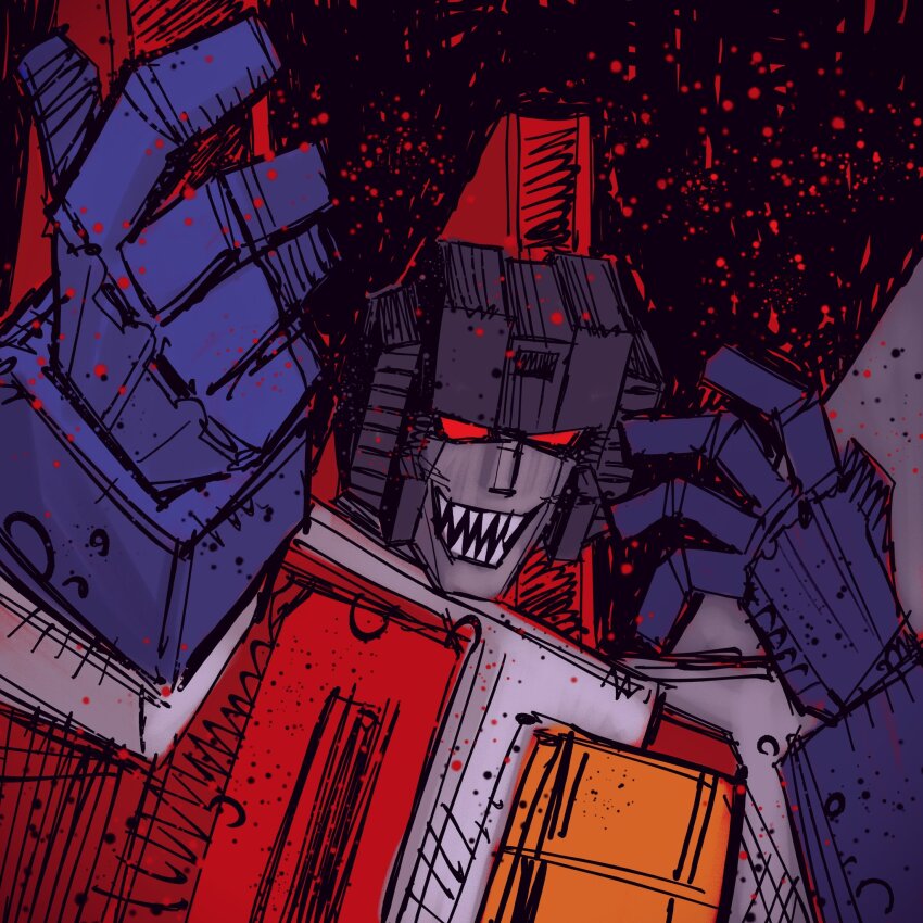 1boy, azoinab, blood, commentary, decepticon, highres, looking_at_viewer, mecha