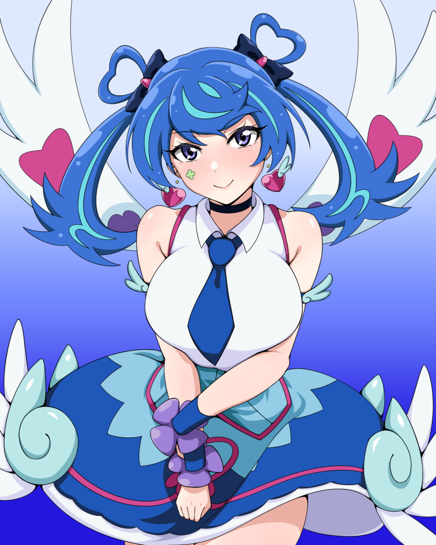 1girl, aqua_hair, armlet, black_choker, blue_angel_(yu-gi-oh!), blue_background, blue_eyes, blue_hair