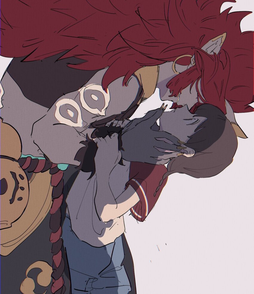 1boy, 1girl, amano_natsume, black_pants, black_shirt, blue_shorts, braid, brown_hair, colored_skin, covered_eyes, cowboy_shot, crop_top, earrings, eye_tattoo, face-to-face, facing_another, fingernails, gourd, grey_skin, hair_over_eyes, hands_on_another's_arms, hands_on_another's_cheeks, hands_on_another's_face, hetero, highres, hoop_earrings, horns, imminent_kiss, jewelry, leaning_forward, light_smile, long_fingernails, long_hair, looking_at_another, pants, parted_lips, pointy_ears, profile, raglan_sleeves, red_hair, red_sleeves, shadow, shirt, short_sleeves, shorts, shoulder_tattoo, shutendouji_(shadowside), simple_background, skin-covered_horns, sleeveless, sleeveless_shirt, t-shirt, tara_gomama, tattoo, toned, toned_male, twin_braids, very_long_hair, white_background, white_shirt, yellow_nails, youkai_(youkai_watch), youkai_watch, youkai_watch_shadowside