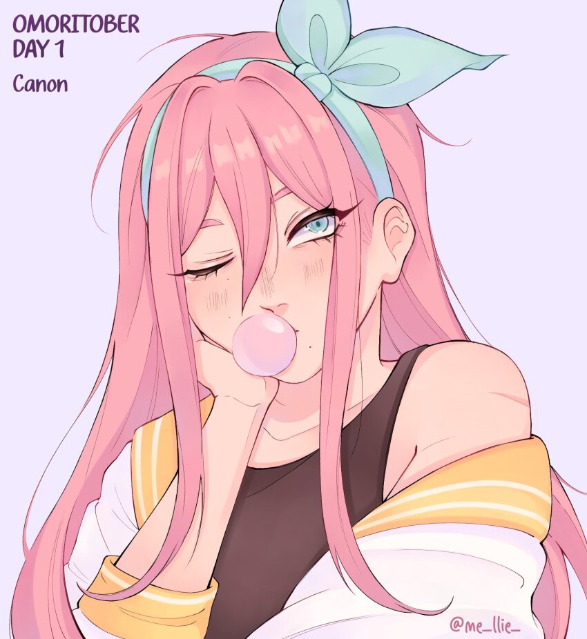 1girl, aubrey_(faraway)_(omori), aubrey_(omori), blowing_bubble_gum, blowing_bubbles, blue_eyes, blue_hairband, chewing_gum