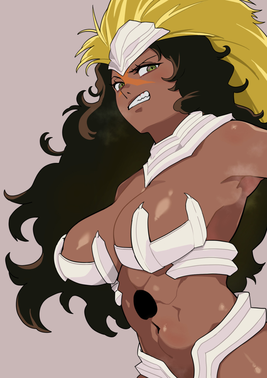 abs, armpits, arrancar, bare_shoulders, bleach, breasts, brown_hair, collarbone, dark-skinned_female, dark_skin, facial_mark, franceska_mila_rose, green_eyes, headpiece, highres, hollow_hole, large_breasts, long_hair, oeoeoe_(fyzs5787), resurrection, shiny_skin, simple_background, steam, teeth, toned, toned_female