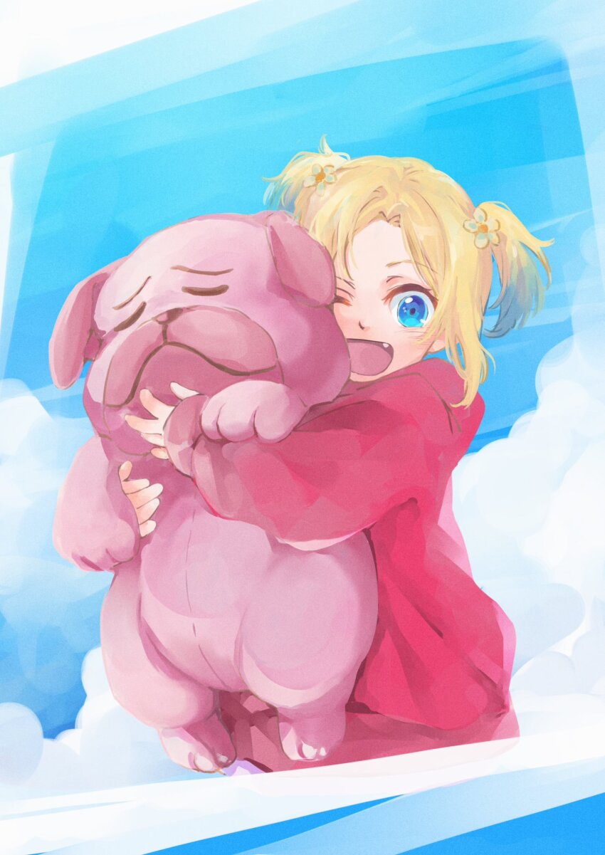 1girl, ;d, aged_down, blonde_hair, blue_eyes, blue_hair, blue_sky, child