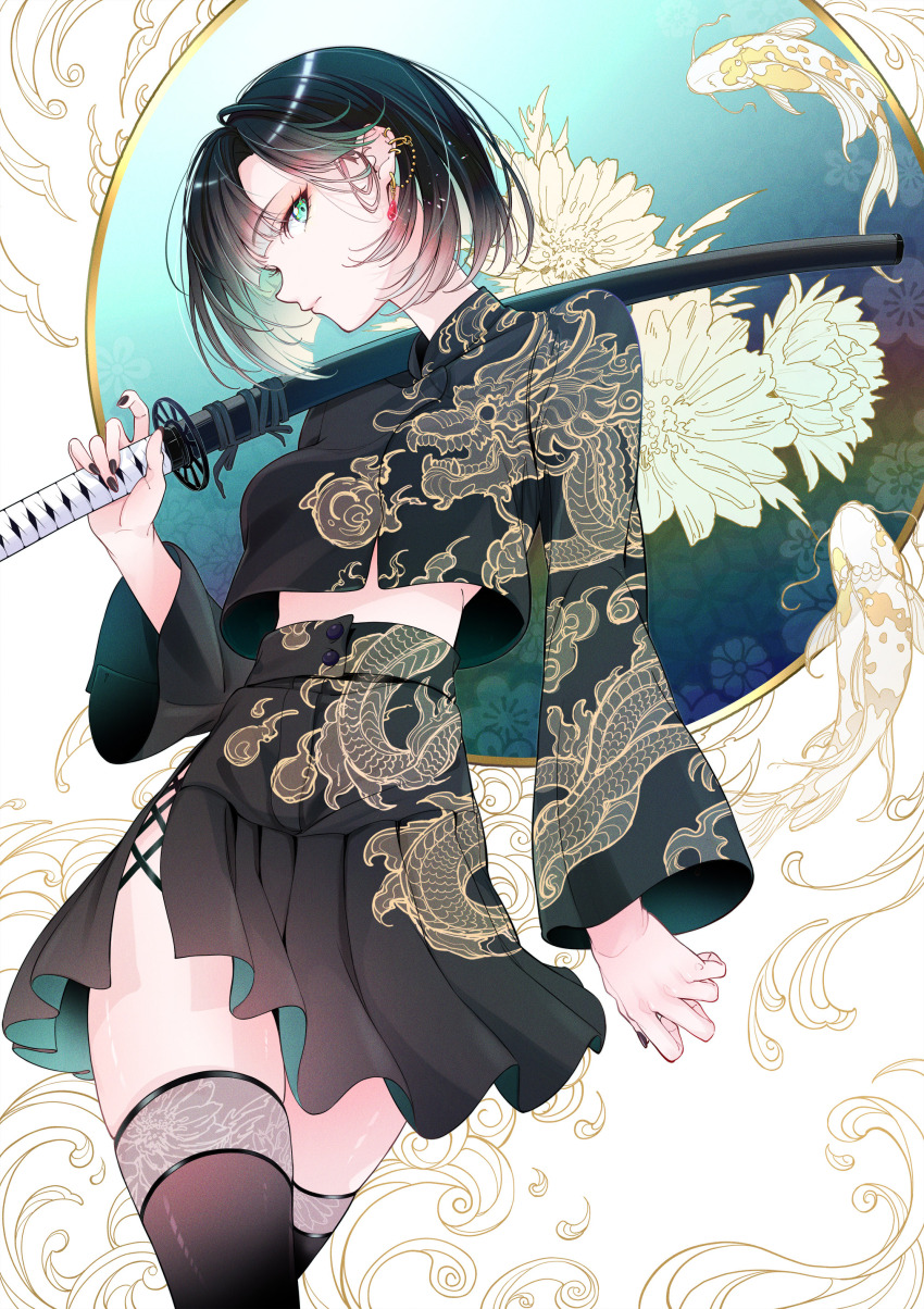 1girl, absurdres, adonis_(flower), black_hair, black_nails, black_shirt, black_skirt, black_thighhighs, breasts, chinese_zodiac, closed_mouth, cowboy_shot, dragon_print, earrings, flower, green_eyes, high-waist_skirt, highres, holding, holding_sword, holding_weapon, jewelry, katana, koi, long_sleeves, looking_at_viewer, medium_breasts, midriff, muto_(n0sug4r), nail_polish, new_year, original, pleated_skirt, print_shirt, profile, shirt, short_hair, skindentation, skirt, solo, standing, sword, thighhighs, thighs, weapon, white_background, wide_sleeves, year_of_the_dragon