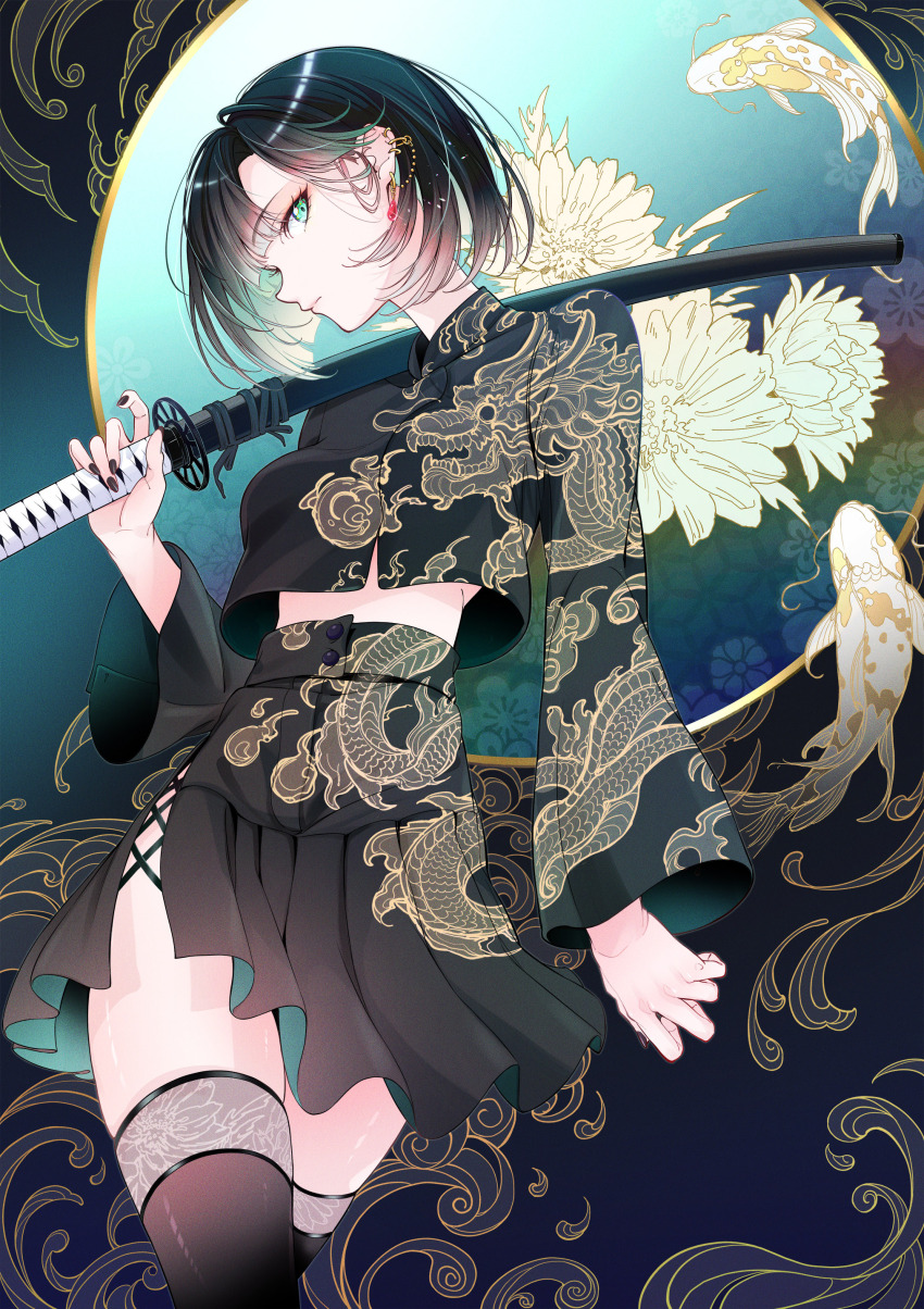 1girl, absurdres, adonis_(flower), black_hair, black_nails, black_shirt, black_skirt, black_thighhighs