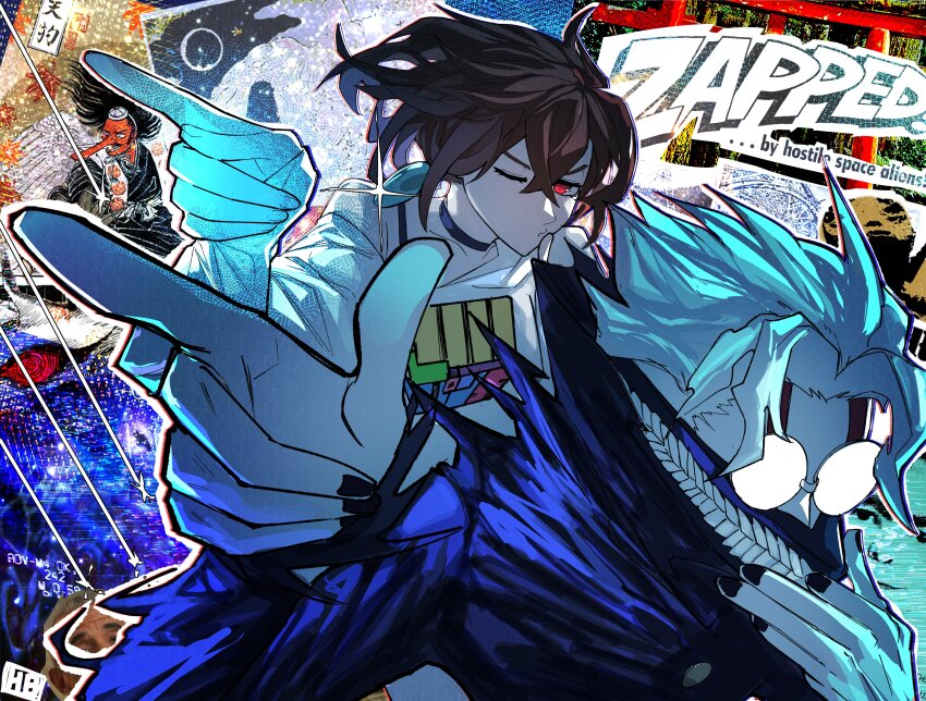 1boy, 1girl, absurdres, ayase_momo, black_nails, brown_hair, dandadan, earrings