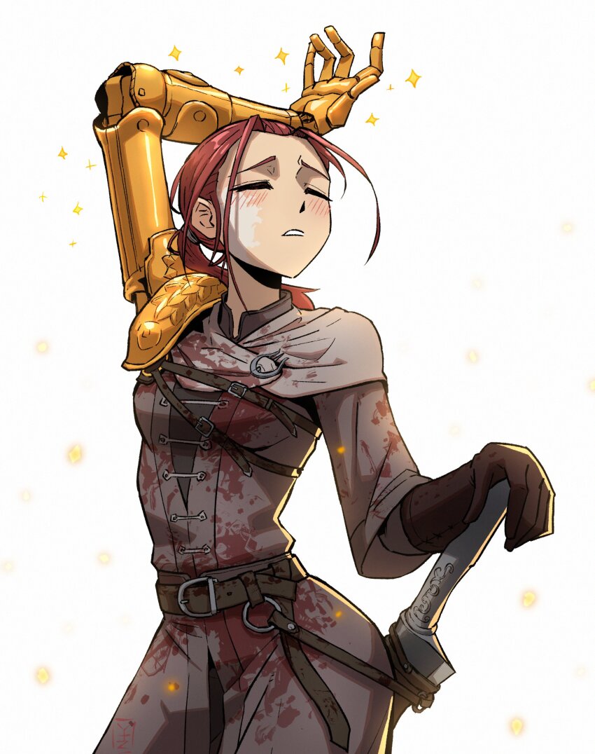 1girl, absurdres, arm_on_own_head, belt, blood, blood_on_clothes, breasts, closed_eyes