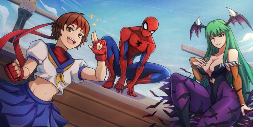 1boy, 2girls, alex_dos_diaz, animal_print, bare_shoulders, bat_print, black_leotard, black_pantyhose