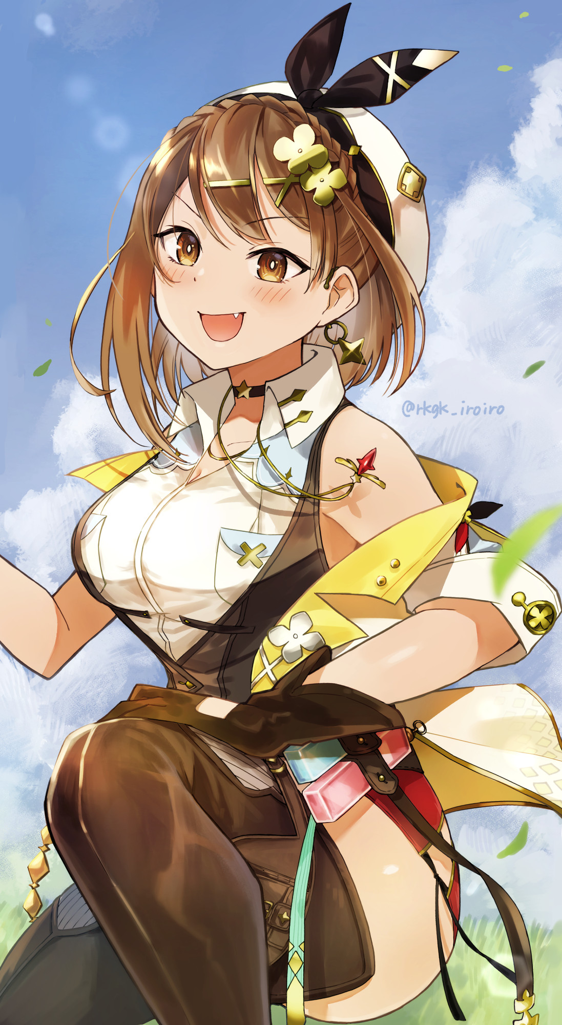 1girl, artist_name, atelier_(series), atelier_ryza, atelier_ryza_3, beret, blush, braid, breast_pocket, breasts, brown_eyes, brown_gloves, brown_hair, brown_thighhighs, brown_vest, choker, clover_hair_ornament, collarbone, commentary_request, crown_braid, earrings, floating_earrings, gloves, hair_ornament, hat, highres, jewelry, large_breasts, leather, leather_gloves, multiple_necklaces, muratoamado, necklace, on_one_knee, open_mouth, pocket, red_shorts, reisalin_stout, short_hair, shorts, single_glove, sleeveless, smile, solo, star_(symbol), star_choker, star_earrings, star_necklace, thighhighs, thighs, twitter_username, vest, white_hat, x_hair_ornament