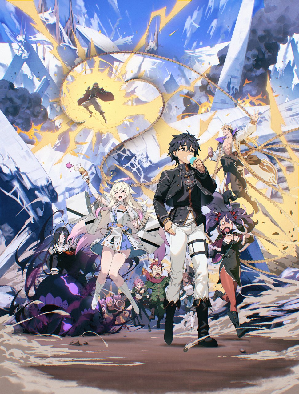 >_<, 0_0, 4boys, 6+girls, :o, ^_^, arm_support, arm_up, battle, black_dress, black_footwear, black_gloves, black_hair, black_jacket, black_shirt, blank_eyes, blonde_hair, blue_sky, boots, breasts, brown_hair, capelet, character_request, check_gender, chyko, cleavage, closed_eyes, commentary_request, day, dress, eating, energy, floating, food, fur-trimmed_capelet, fur-trimmed_gloves, fur_trim, gender_request, glasses, gloves, gradient_hair, green_capelet, green_eyes, green_pants, highres, holding, holding_ice_cream_cone, ice_cream, ice_cream_cone, jacket, krai_andrey, long_hair, long_sleeves, looking_at_another, looking_to_the_side, medium_breasts, medium_dress, medium_hair, mouth_outside_face, multicolored_hair, multiple_boys, multiple_girls, nageki_no_bourei_wa_intaishitai, official_art, open_clothes, open_jacket, open_mouth, outdoors, pants, pantyhose, pink_hair, purple_hair, red_eyes, red_hair, red_pantyhose, shirt, short_dress, short_hair, short_sleeves, sky, small_sweatdrop, smoke, standing, thigh_strap, very_long_hair, very_short_hair, walking, white_dress, white_gloves, white_hair, white_pants