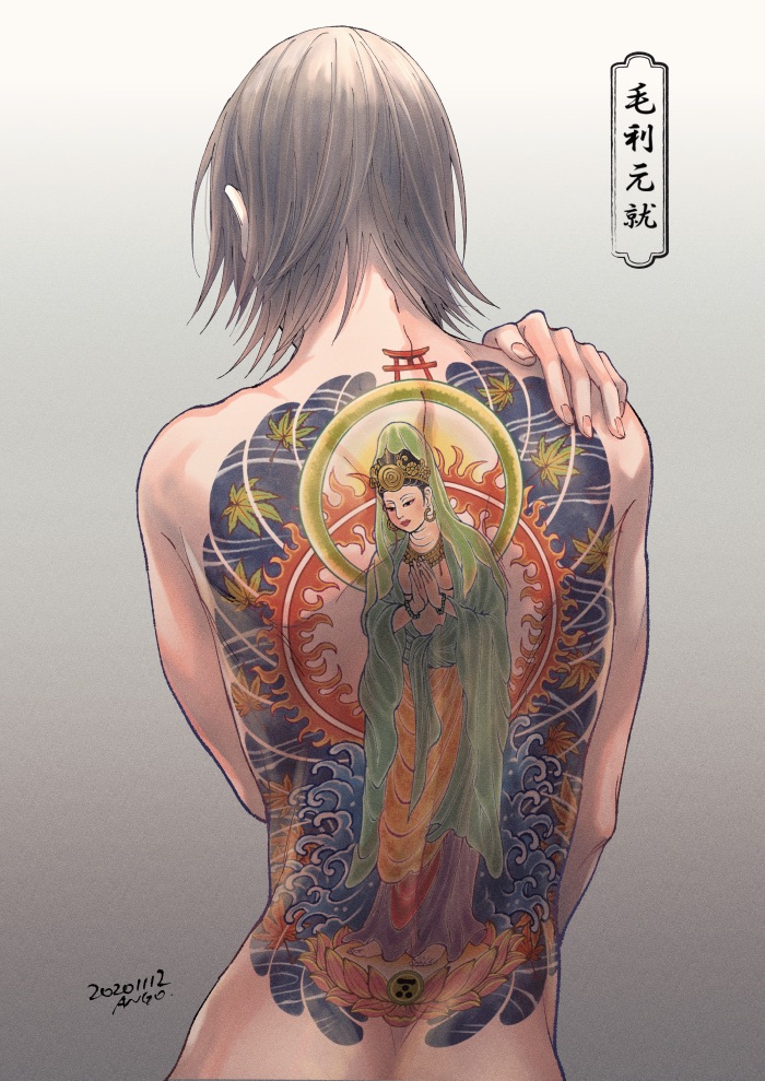 1boy, ango_(f_ango), back, back_focus, back_tattoo, bodhisattva, brown_hair, earrings, fingernails, gradient_background, grey_background, hand_on_own_shoulder, jewelry, leaf, male_focus, maple_leaf, mouri_motonari_(sengoku_basara), nude, sengoku_basara, short_hair, signature, simple_background, spine, tattoo, torii, translation_request, waves