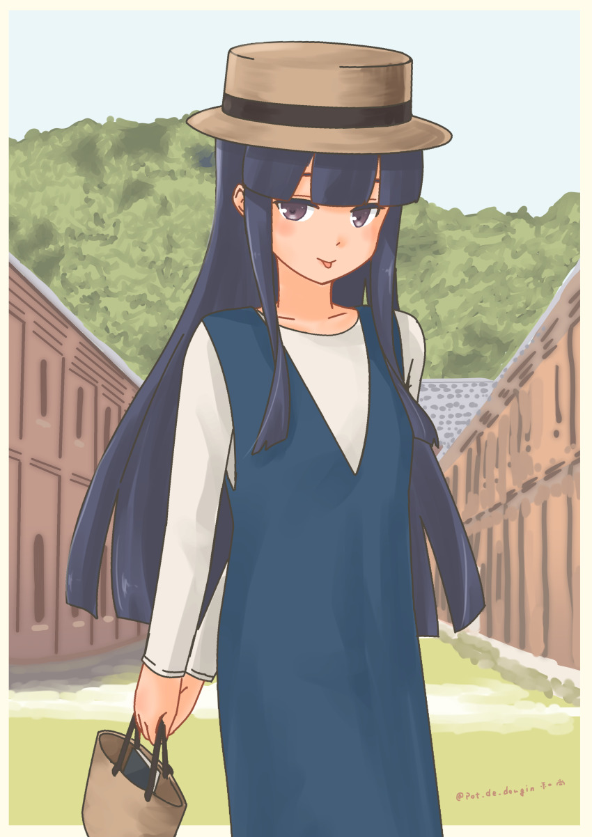 1girl, absurdres, bag, black_hair, black_ribbon, blue_dress, blunt_bangs, brown_eyes