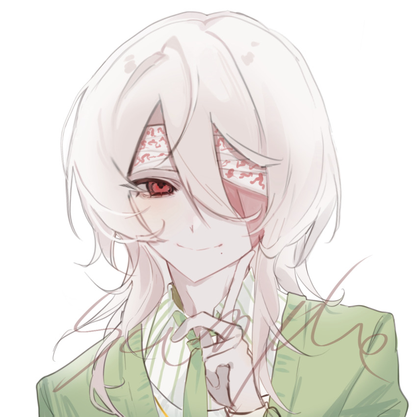 1boy, bandage_over_one_eye, black_necktie, cardigan, chinese_commentary, closed_mouth, collared_shirt, commentary_request