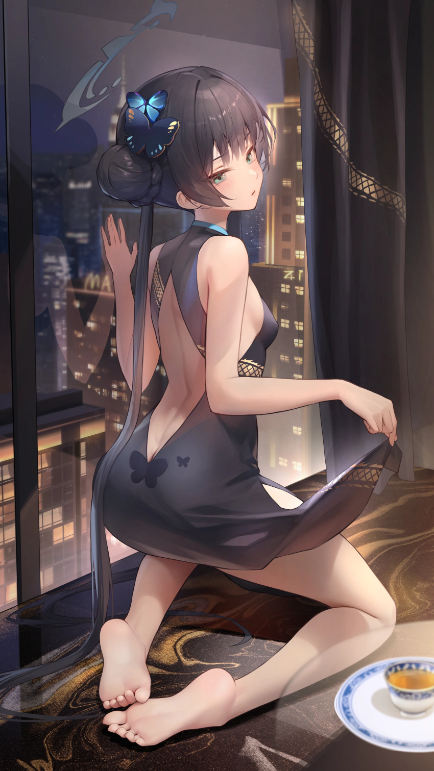 1girl, absurdres, against_glass, apartment, aqua_eyes, ass, back_cutout, bare_legs