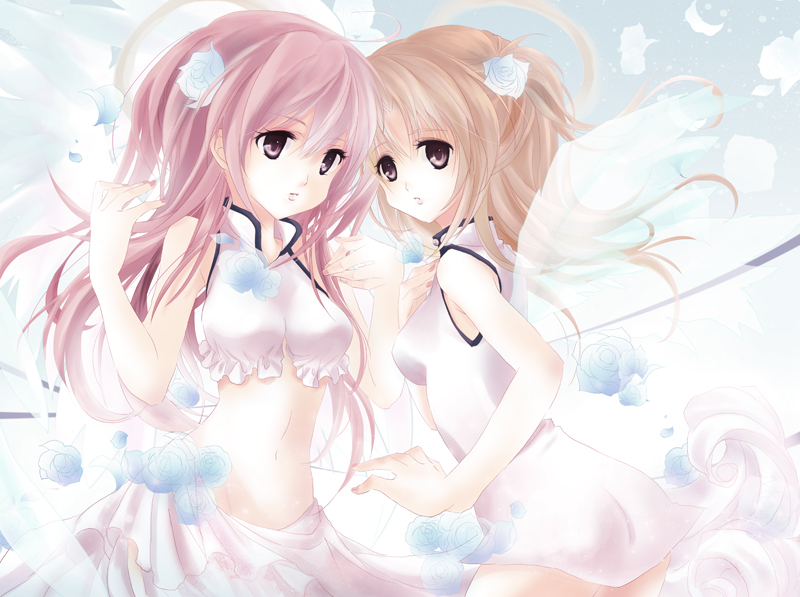 00s, 2girls, ahoge, angel_wings, apricot_sakuraba, ayateaori, bad_id, bad_pixiv_id, brown_hair, crop_top, flower, galaxy_angel, galaxy_angel_rune, hair_ornament, hairpin, long_hair, midriff, milfeulle_sakuraba, multiple_girls, navel, petals, pink_eyes, pink_hair, siblings, sisters, skirt, wings