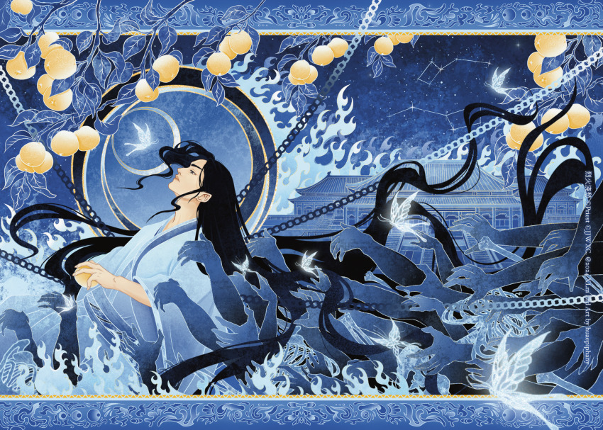 1boy, absurdly_long_hair, animal, architecture, big_dipper, black_eyes, black_hair, blue_border, blue_fire, blue_hair, blue_hanfu, blue_sky, blue_theme, bone, border, bug, butterfly, chain, chinese_clothes, closed_mouth, constellation, disembodied_hand, east_asian_architecture, fire, food, fruit, glowing_butterfly, hanfu, highres, holding, holding_food, holding_fruit, huaepiphany, insect, leaf, leaning_back, lie_huo_jiao_chou, limited_palette, long_hair, male_focus, night, orange_(fruit), outdoors, profile, reaching, reaching_towards_another, ribs, sheng_lingyuan, sky, solo, star_(sky), starry_sky, ursa_minor_(constellation), very_long_hair, white_butterfly, yellow_border