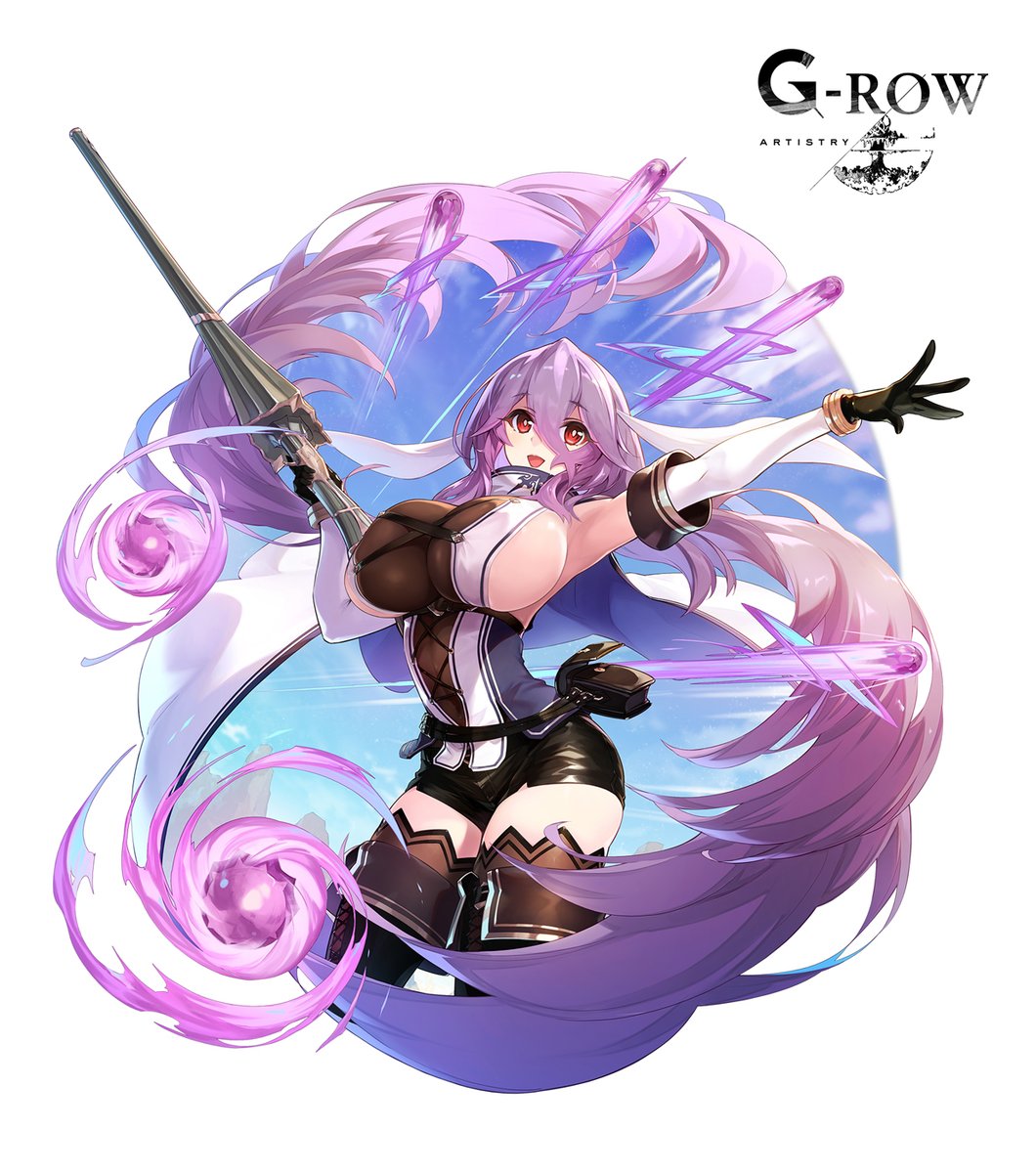 1girl, :d, black_gloves, black_shorts, blue_sky, boots, breasts, brown_thighhighs, cloak, cloud, commentary_request, cowboy_shot, cropped_legs, day, fanny_pack, floating_cape, freischutz_(phantom_of_the_kill), gloves, gun, hair_between_eyes, highres, holding, holding_gun, holding_weapon, kurogi, large_breasts, long_hair, looking_at_viewer, official_art, open_mouth, outstretched_arm, phantom_of_the_kill, purple_hair, red_eyes, second-party_source, short_shorts, shorts, sideboob, sky, smile, solo, thigh_boots, thighhighs, very_long_hair, weapon, white_cloak