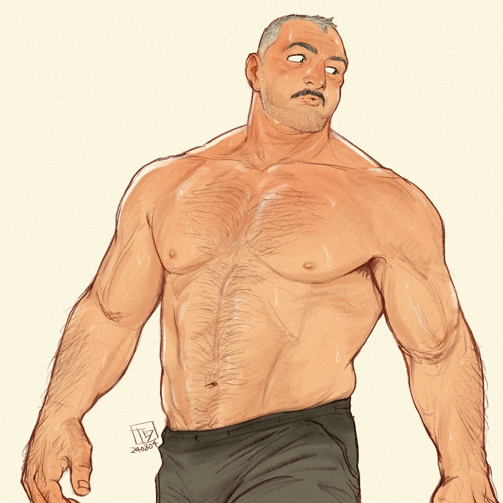 1boy, aaron_gruber_(o_natsuo88), arm_hair, armpit_hair, armpit_hair_peek, bara, beard_stubble, chest_hair