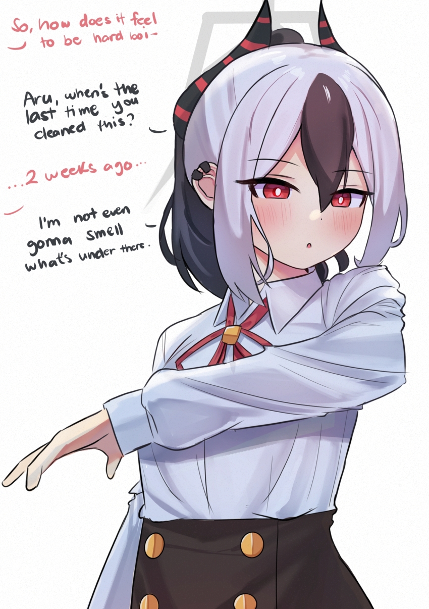 1girl, absurdres, aru_(blue_archive), aru_(blue_archive)_(cosplay), ascot, black_skirt, blue_archive, buttons