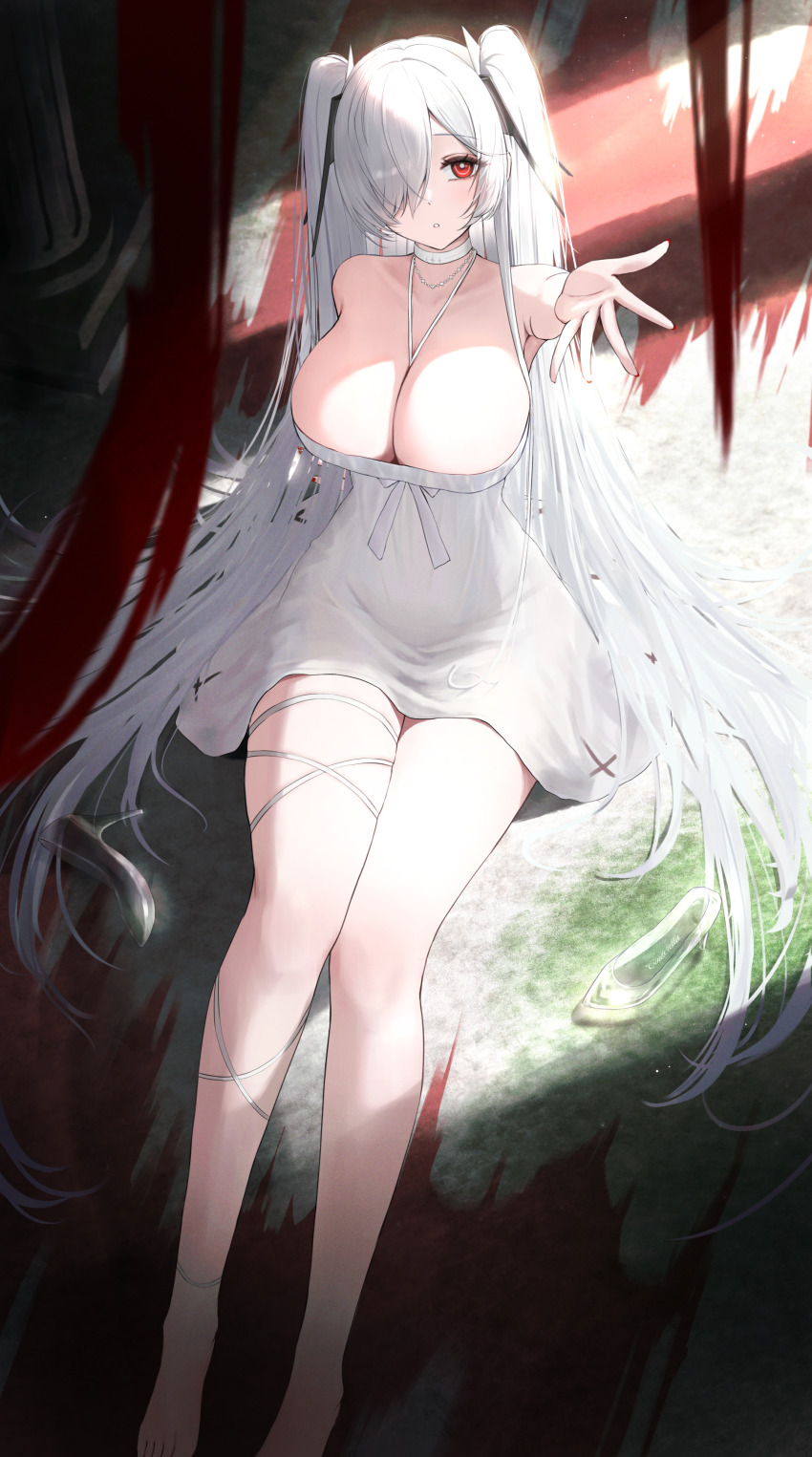 1girl, absurdres, asymmetrical_bangs, blood, blood_splatter, breasts, cinderella_(nikke), dress