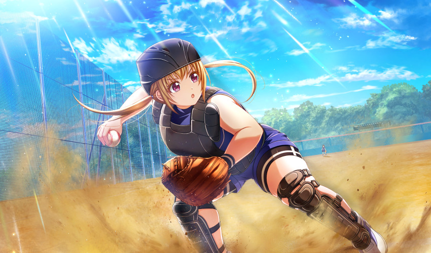 2girls, ball, baseball, baseball_(object), baseball_field, baseball_glove, baseball_helmet, bike_shorts