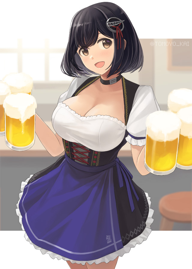 1girl, :d, alcohol, alternate_costume, barmaid, beer, beer_mug, black_hair