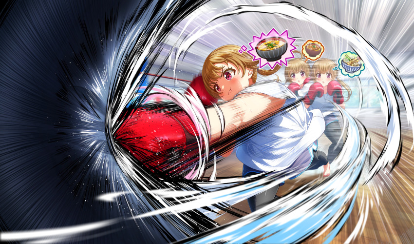 1girl, :t, afterimage, barefoot, black_pants, blonde_hair, boxing_gloves, cinderella_series