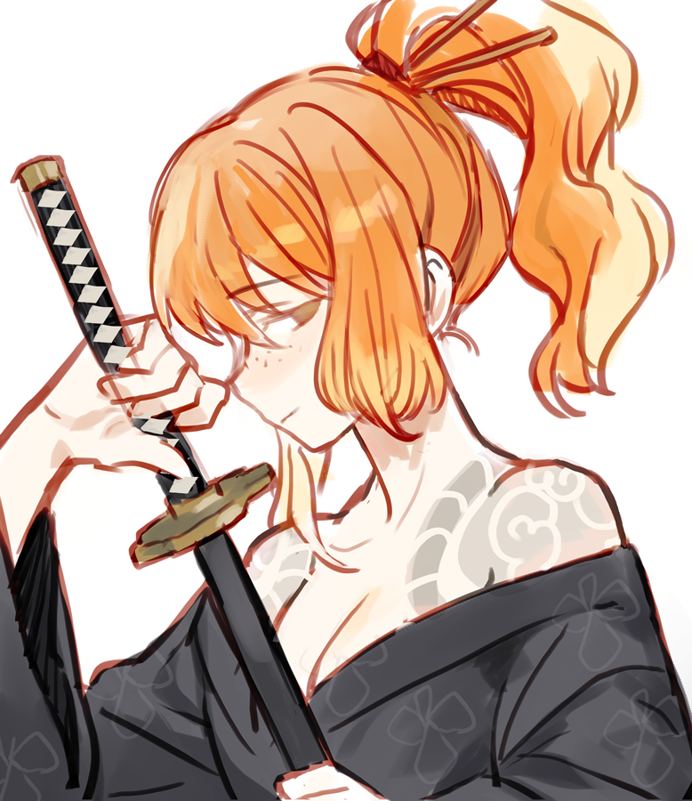 1girl, bare_shoulders, black_kimono, breasts, cleavage, closed_mouth, cosplay, green_eyes