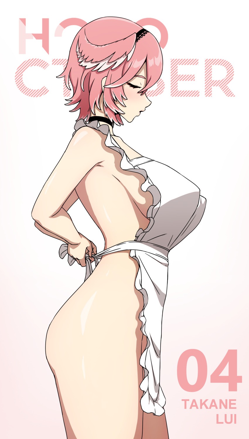1girl, absurdres, adjusting_apron, apron, black_choker, black_hairband, bose, breasts, character_name, choker, closed_eyes, commentary, copyright_name, daydarion, english_commentary, frilled_apron, frills, from_side, gradient_background, hairband, highres, hololive, large_breasts, naked_apron, pink_background, pink_hair, pink_lips, sideboob, solo, takane_lui, virtual_youtuber, white_background