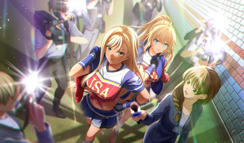 3girls, :d, amelia_thunders, baseball_uniform, belt, black_gloves, black_jacket, blonde_hair