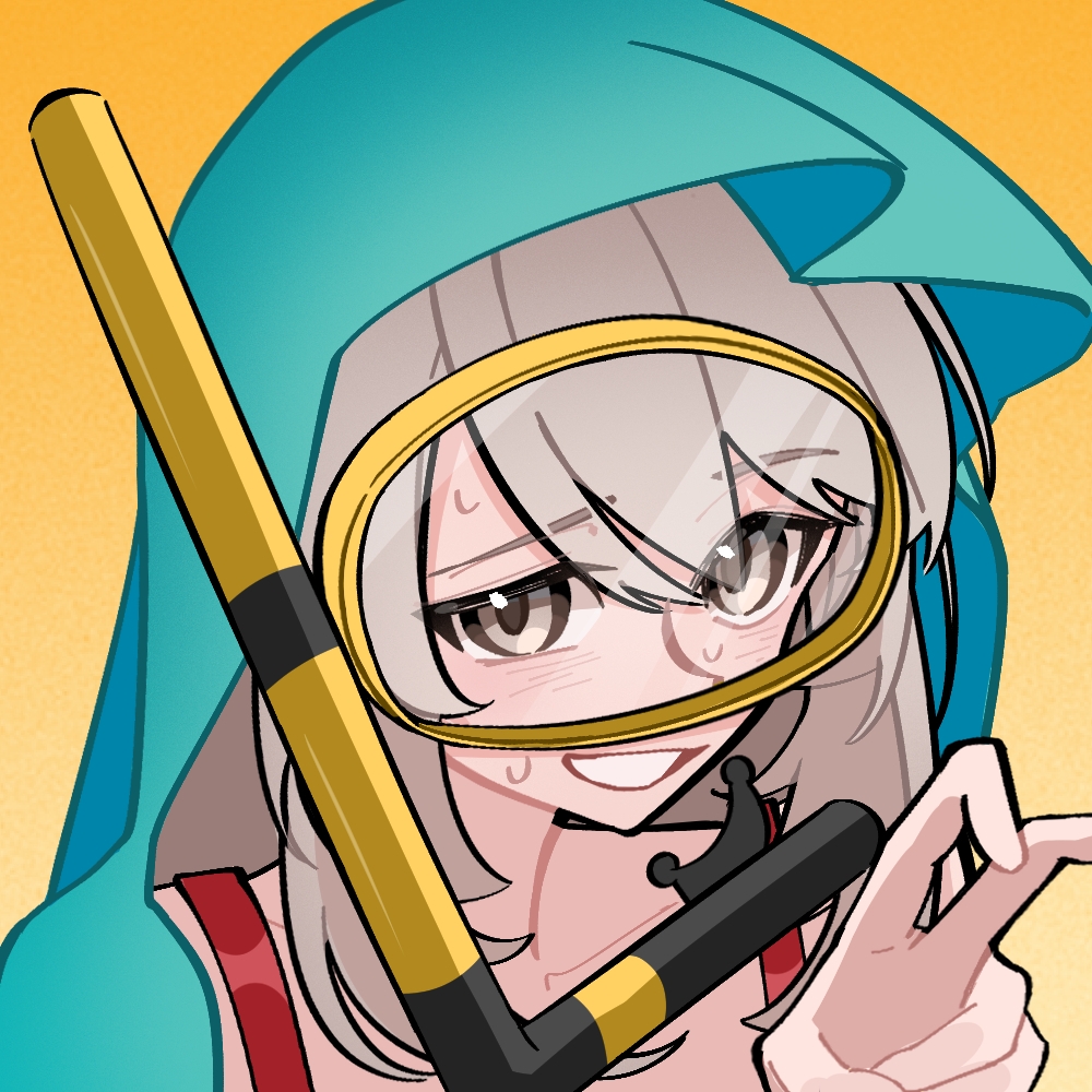 1girl, chahu_lililala, diving_mask, furrowed_brow, goggles, grey_eyes, grey_hair, grin