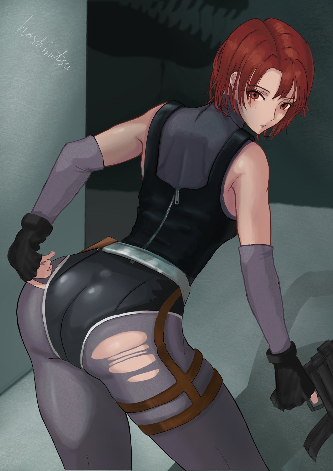 1girl, adjusting_clothes, adjusting_leotard, arm_warmers, ass, blush, bodysuit, breasts